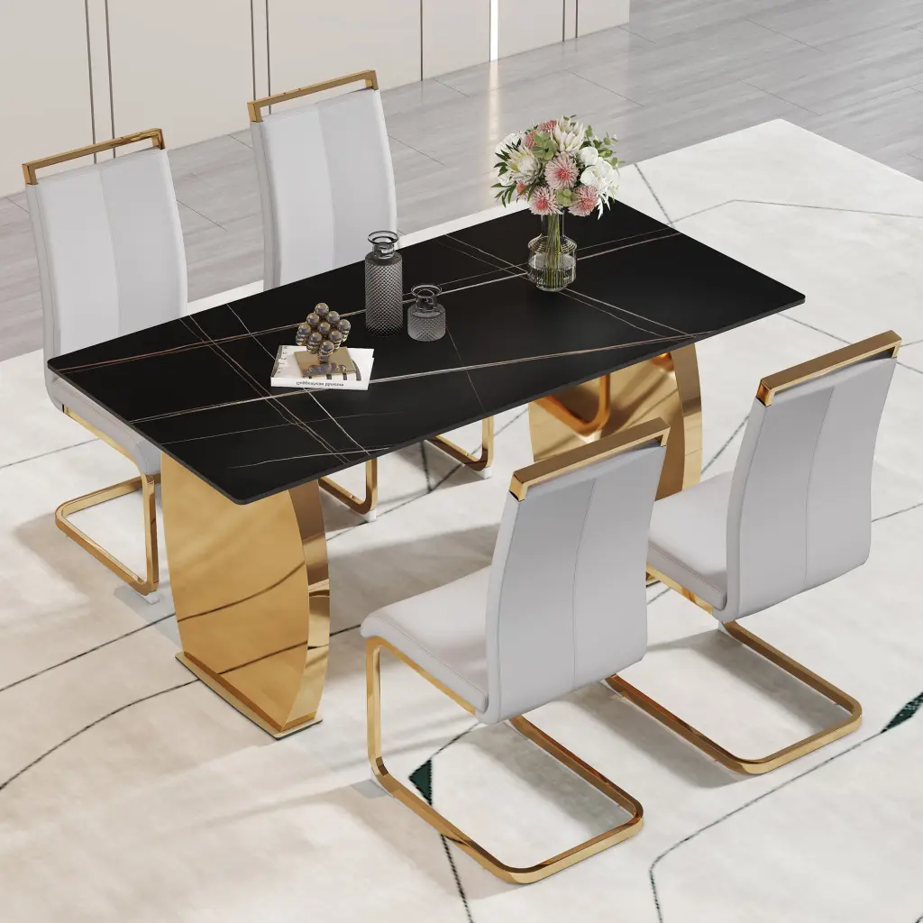 Modern Rectangular Table and Chair Set 0.4 Inch Black Pattern Dining Room droom w-1151