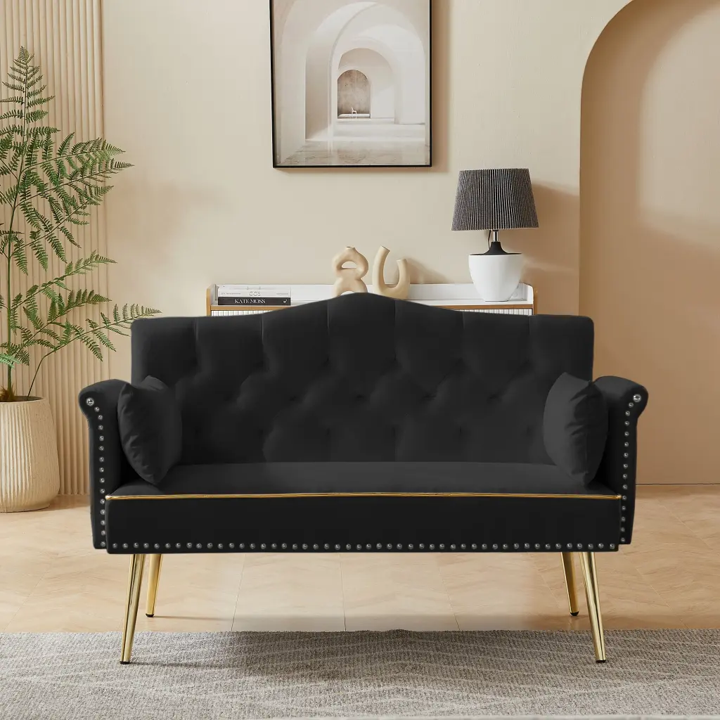 Black 2 Seater Sofa Tufted Back and Velvet Upholstery cy furniture