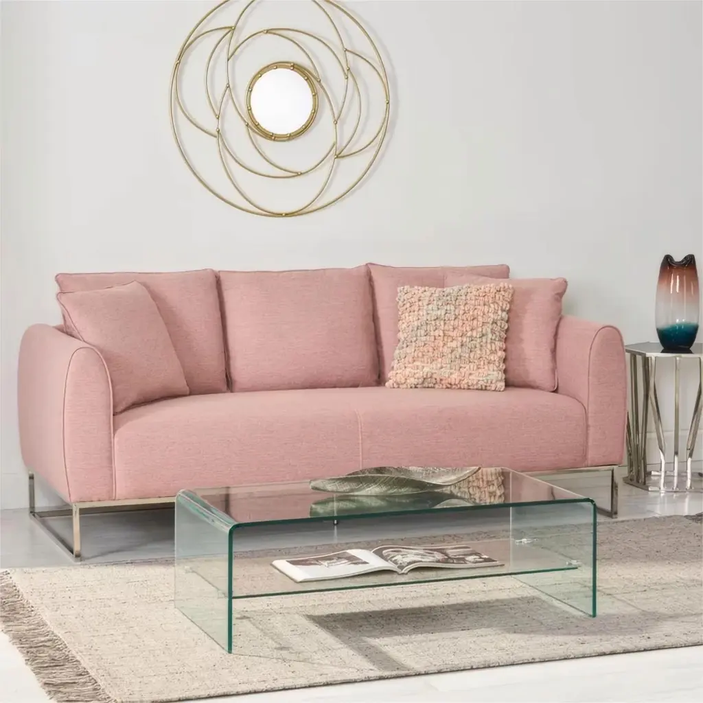 Stylish 82.75 Inch Light Pink Fabric 2 Seater Sofa Silver Legs nh-echo-can