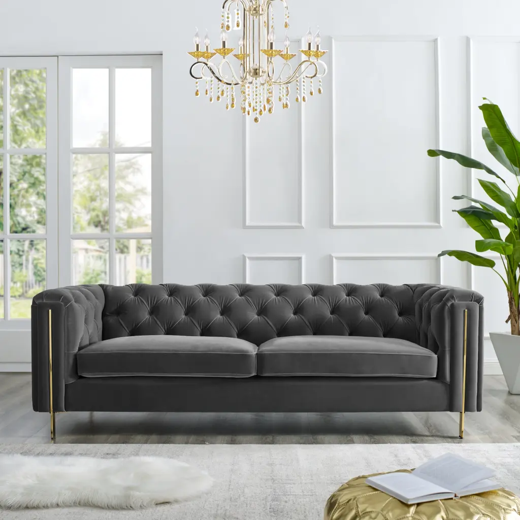 Charlene Velvet Button Tufted Sofa Gray Dark Gray Fabric 2 Seater Couch steve silver furniture
