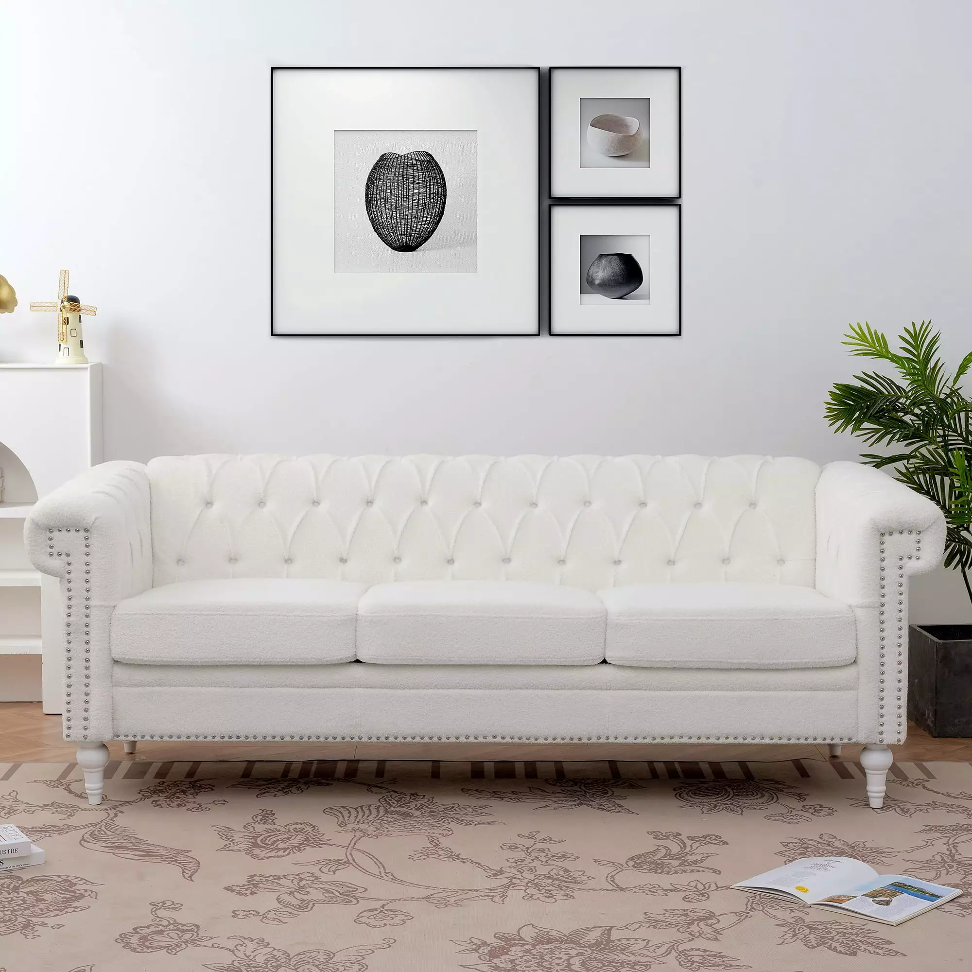 83.66 Inch Width Traditional Square Arm 3 Seater Sofa Removable Cushions CNCJ