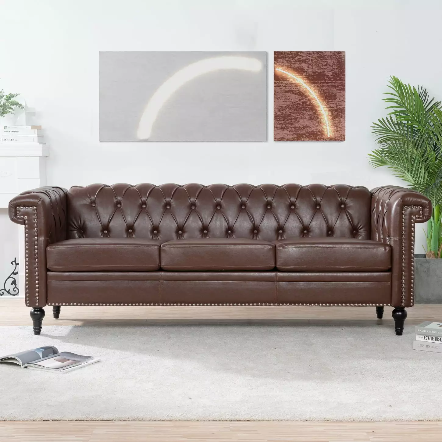 Dark Brown 83.66 Inch Width 3-Seater Sofa Removable Cushions and Chic Silver Stud Trim HATNOKIL