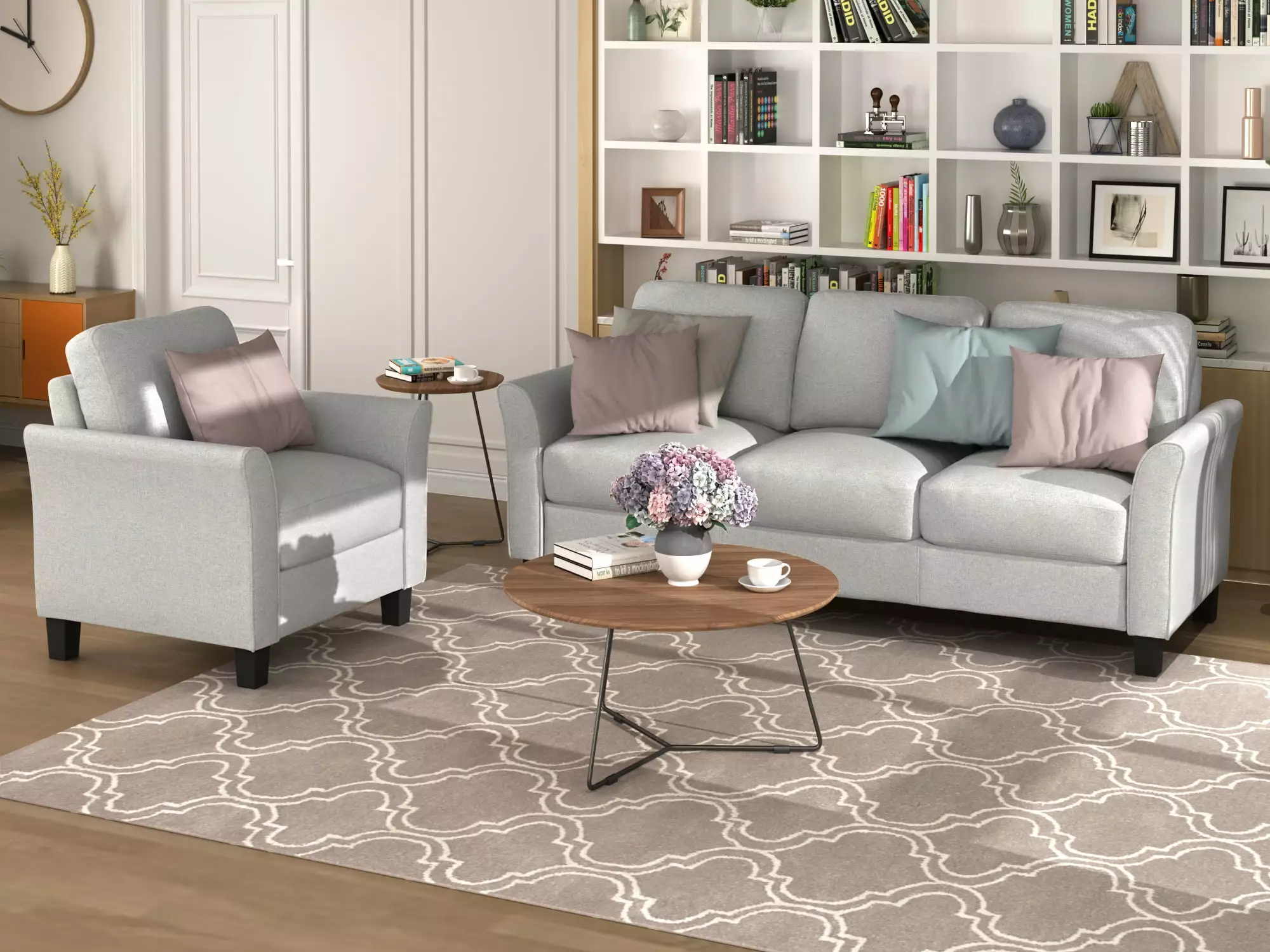 Kepooman Curved Arm Single Sofa Chair & 3-seat Sofa Living Room - Light Gray Modern Furniture