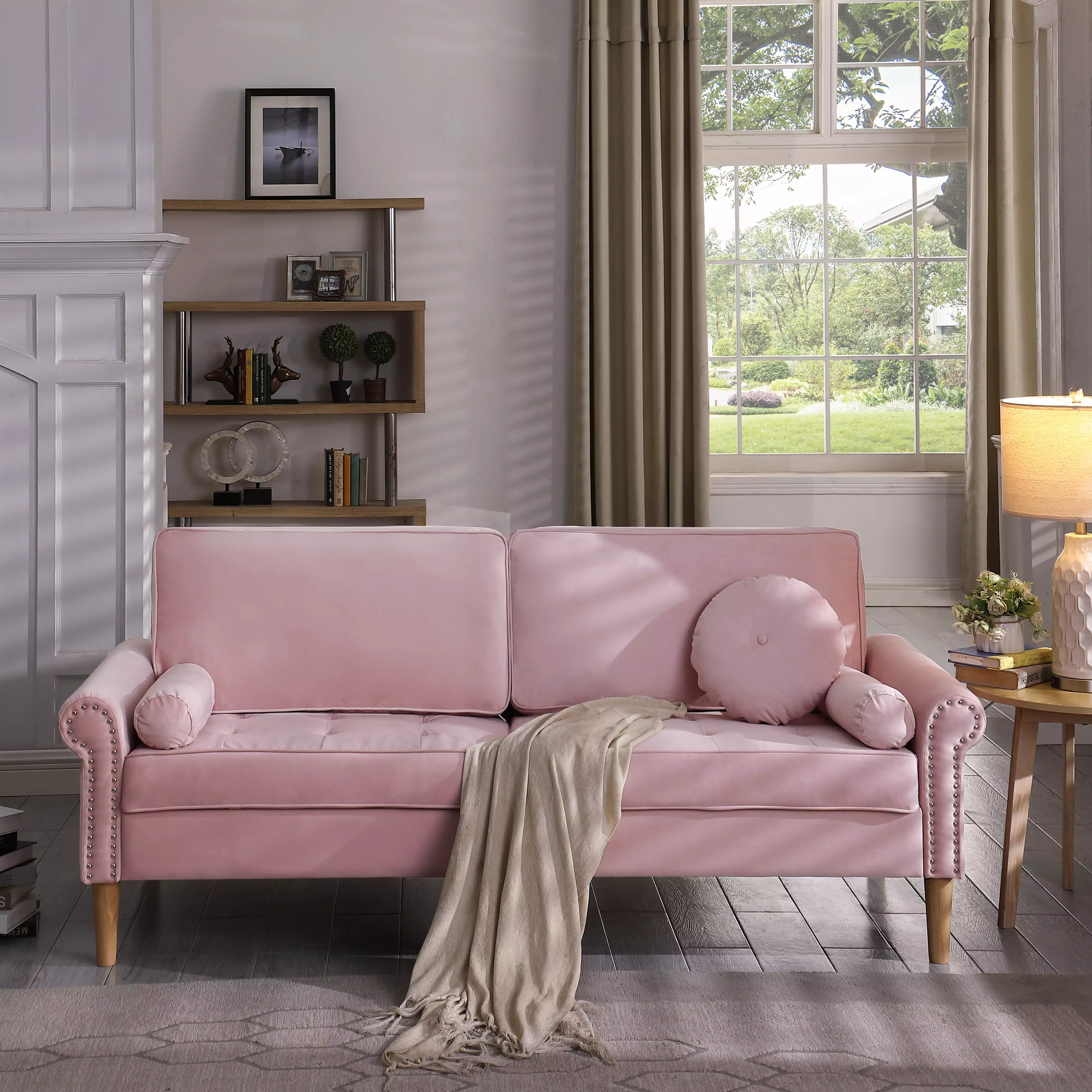 Miekor 3-Seater Pink Living Room Sofa Copper Nail Trim and Three Pillows