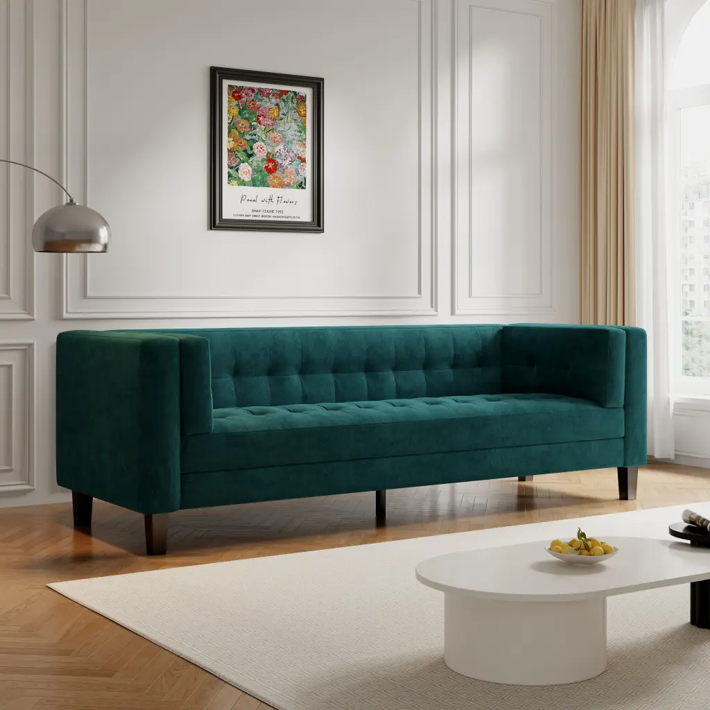 3 Seater Upholstered Tufted Velvet Sofa Green Frosty Green Living Room Couch nh-cozy home