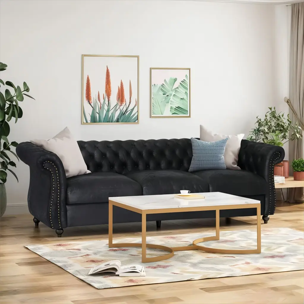 Black 3 Seater Faux Suede Sofa Rolled Arms Modern Elegant and Comfortable Couch nh-echo