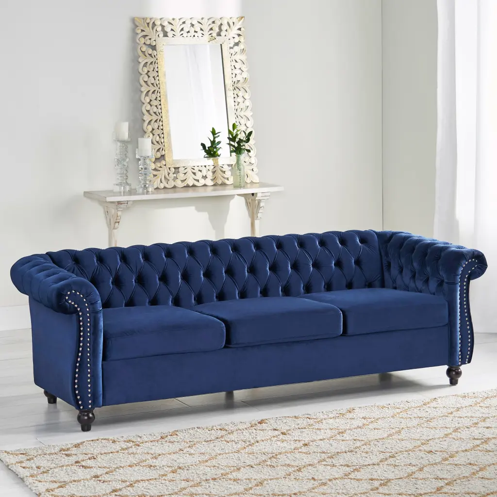 Sofa 3 Seater Blue Velvet Modern Living Room Couch Comfortable Cushions nh-inmax