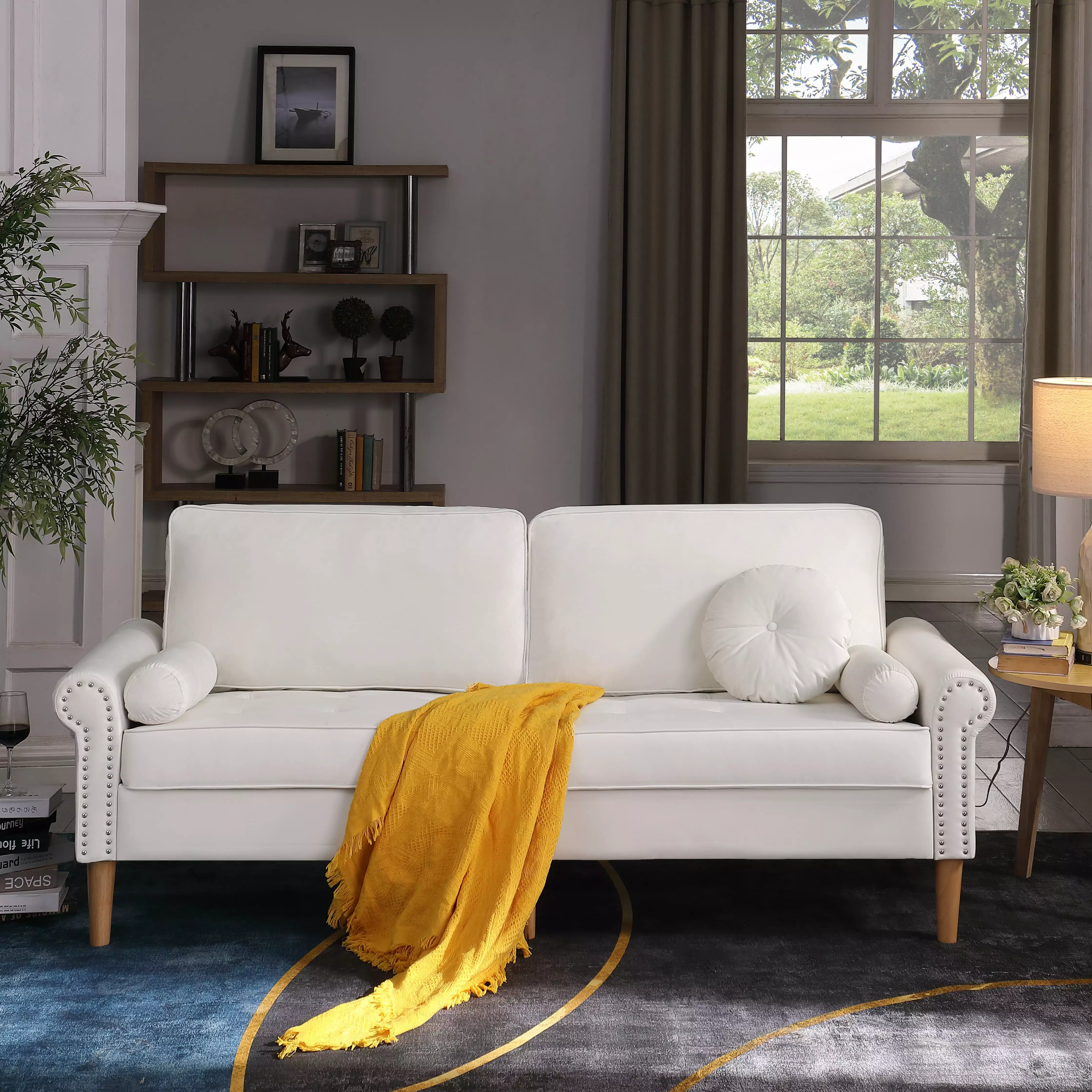 OYang Modern Upholstered 3-Seater Sofa Copper Nail Arms Comfy Couches 3 Pillows Living Room