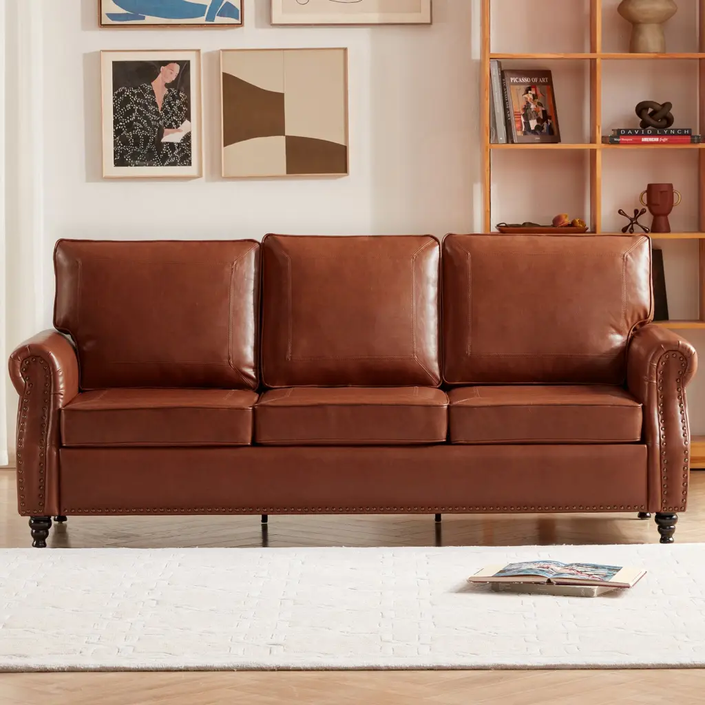 79 Inch Traditional Faux Leather Sofa 3 Seater Couch Trim and Rolled Arms xichen indoor furniture co.- ltd