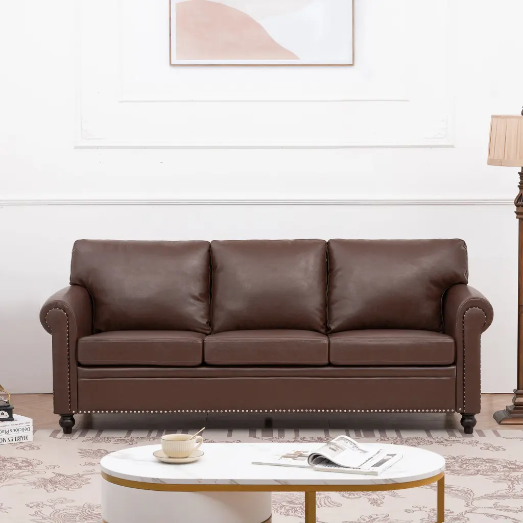 3 Seater Sofa Brown PU Foam Fabric Comfortable Living Room Couch rnb