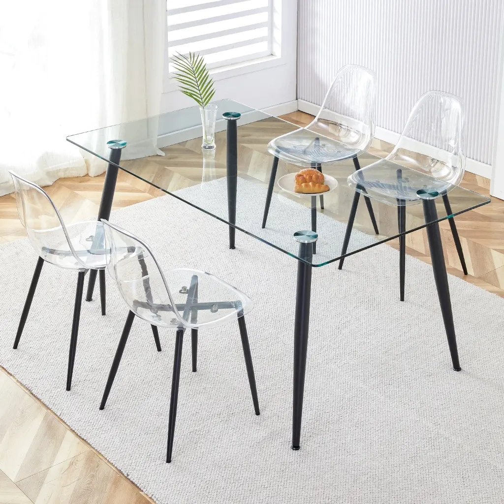 1 Table And 4 Chairs Set Rectangular Transparent Tempered Glass Dining Table Modern Kitchen Set droom w-1151