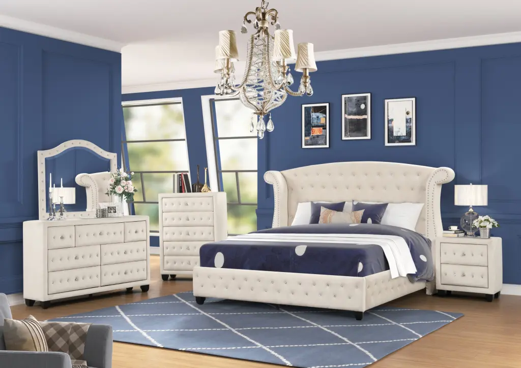 Sophia King 5 Piece Bedroom Set Wood Cream Finish No Box Spring galaxy home furnishings