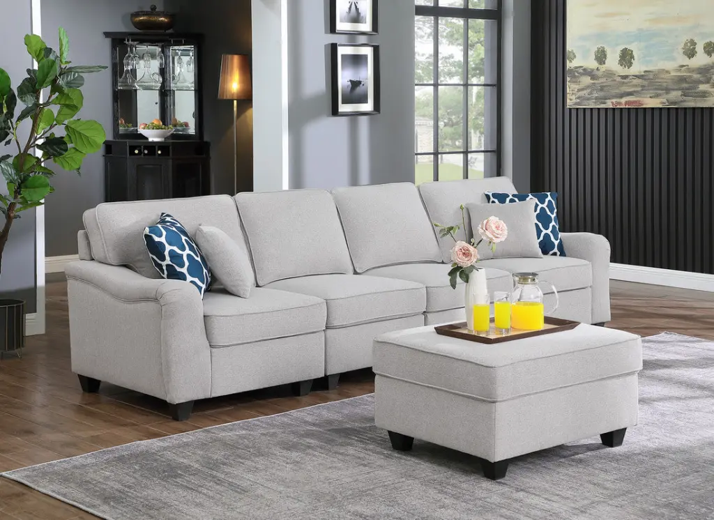 Leo 119 Inch Light Gray Linen 5 Seater Sofa and Ottoman lilola home