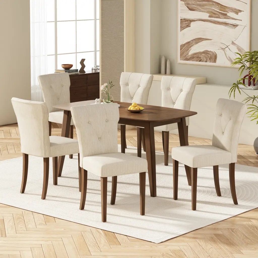 6-Piece Cream Wood Dining Set - Walnut Table Upholstered Chairs Indoor Use nh-uhome