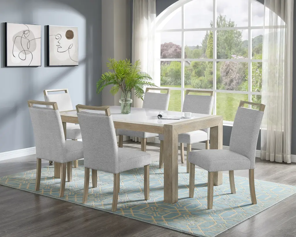 7 Piece Dining Set Contemporary Style White Authentic Marble Stone Table kanepe