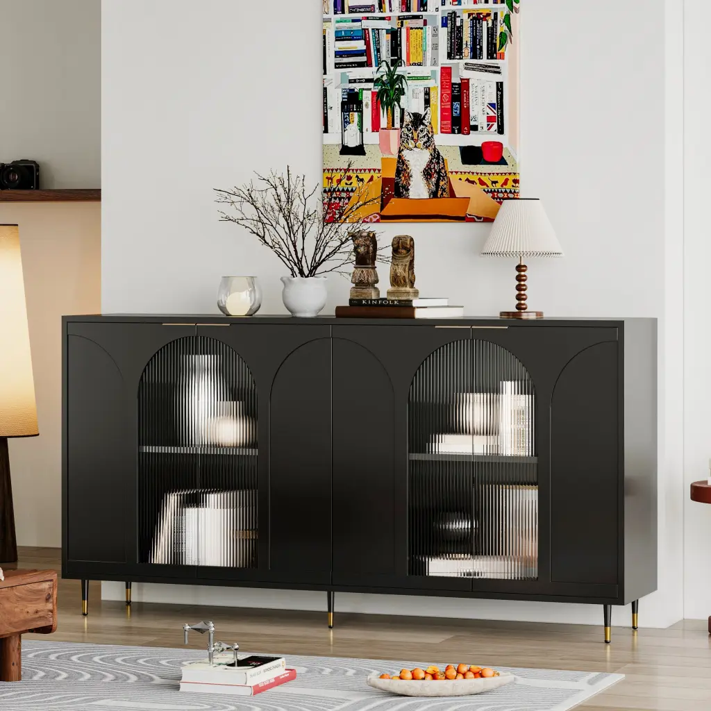 Accent Cabinet Black Lacquered Wooden Cabinet 4 Glass Doors Sideboard fs furniture