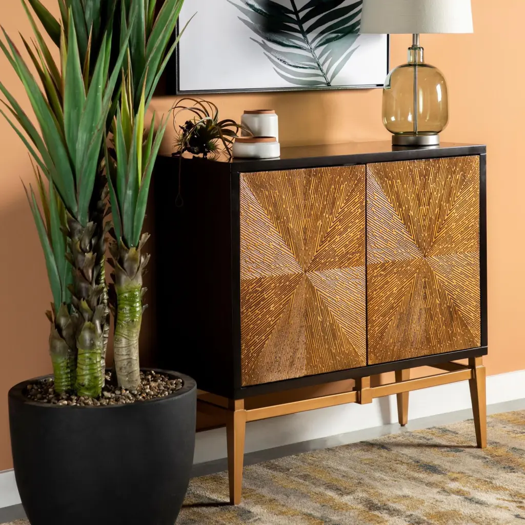 Antique Gold and Brown Sunburst Doors Accent Cabinet Quality 1 2 Shelf furniture max
