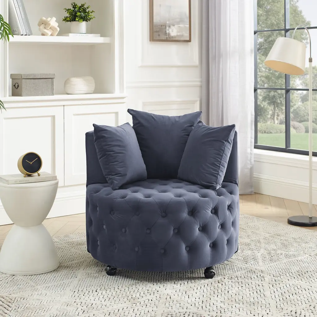 Velvet Upholstered Swivel Chair Living Room Button Tufted Design chuangyuan smart home