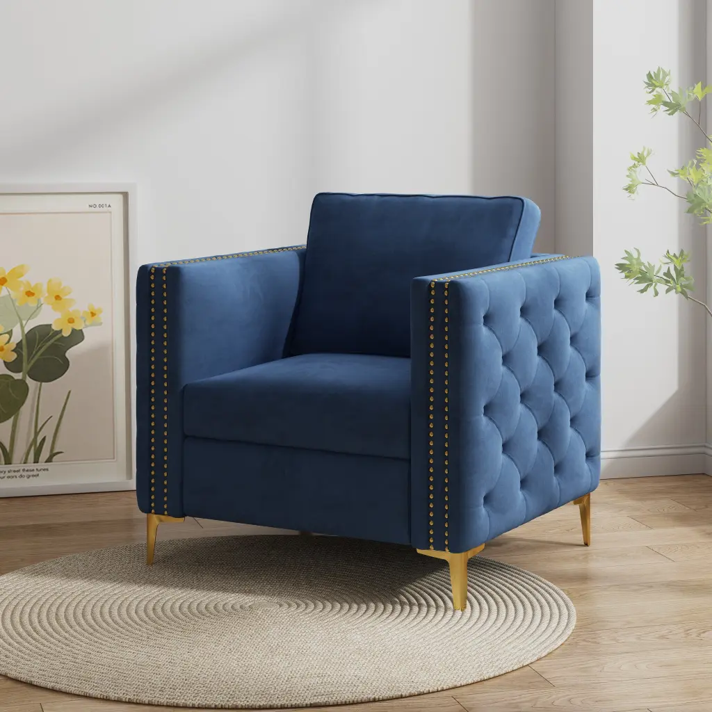 Accent Chair Living Room Upholstered Arm Chair Metal Legs Navy Blue hdf store