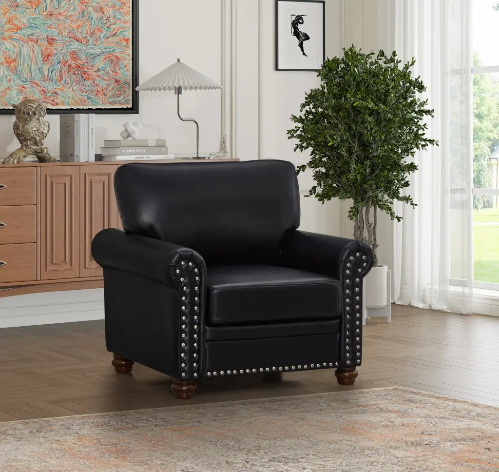 Living Room Sofa Single Seat Chair Black Faux Leather Wood Leg hdf store