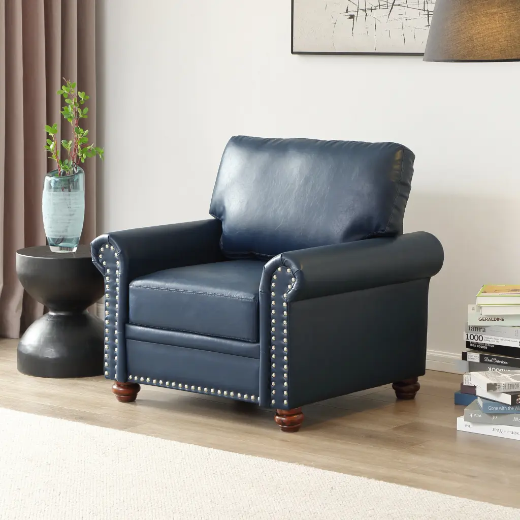 Navy Blue Faux Leather Living Room Sofa Single Seat Chair Wood Legs hdf store