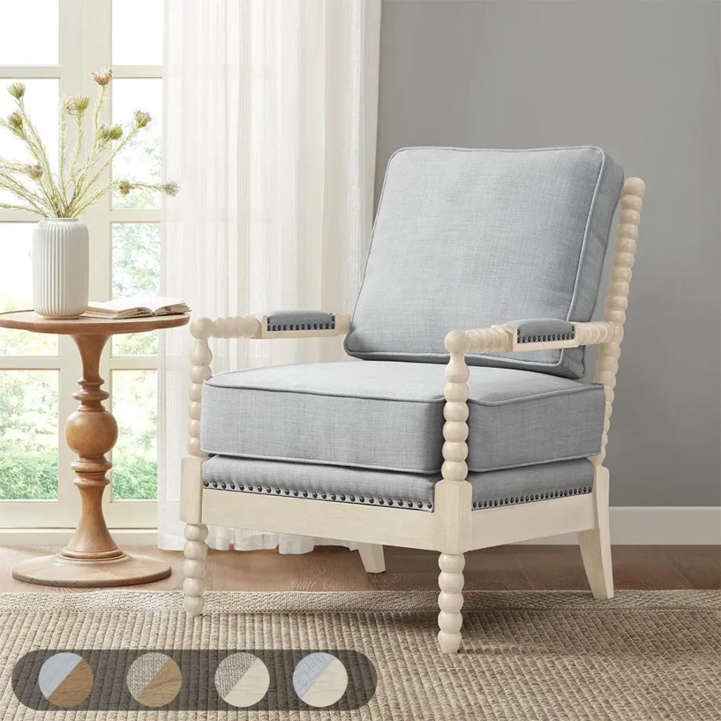 Accent Arm Chair Ivory Grey Wood Fabric Upholstered Chair jla