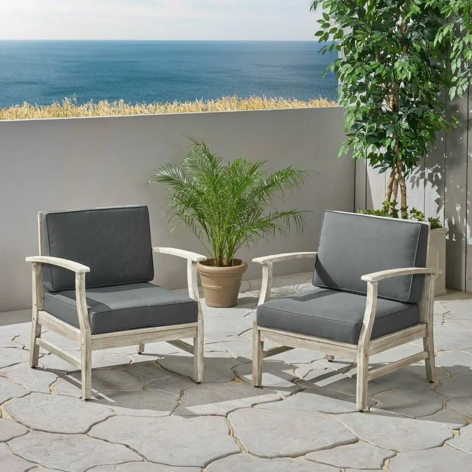 Perla Club Chairs Set 2 Light Grey Dark Gray Acacia Wood Lounge Chairs nh-gardenpara