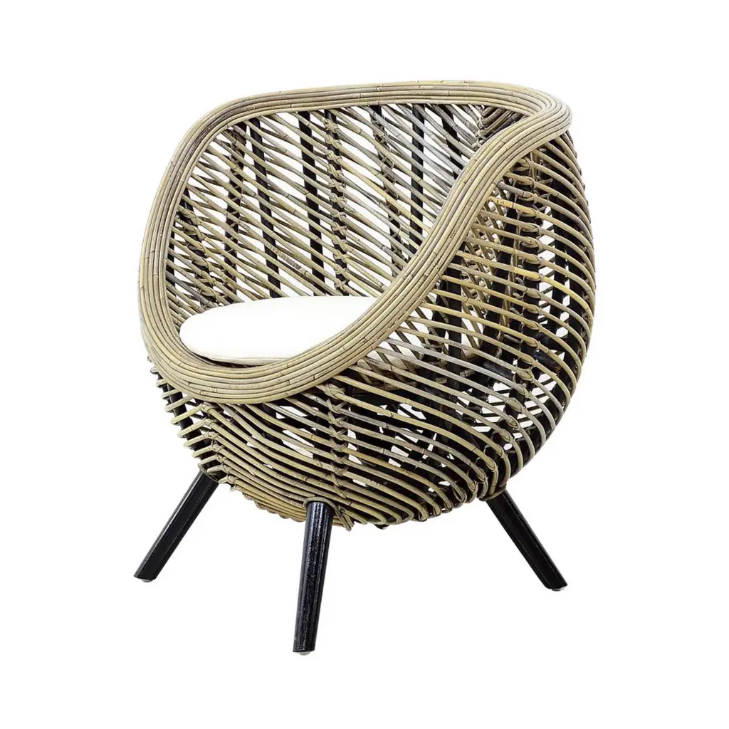 27 Inch Rattan Accent Chair Curved Round Silhouette Brown and Black royal hampton