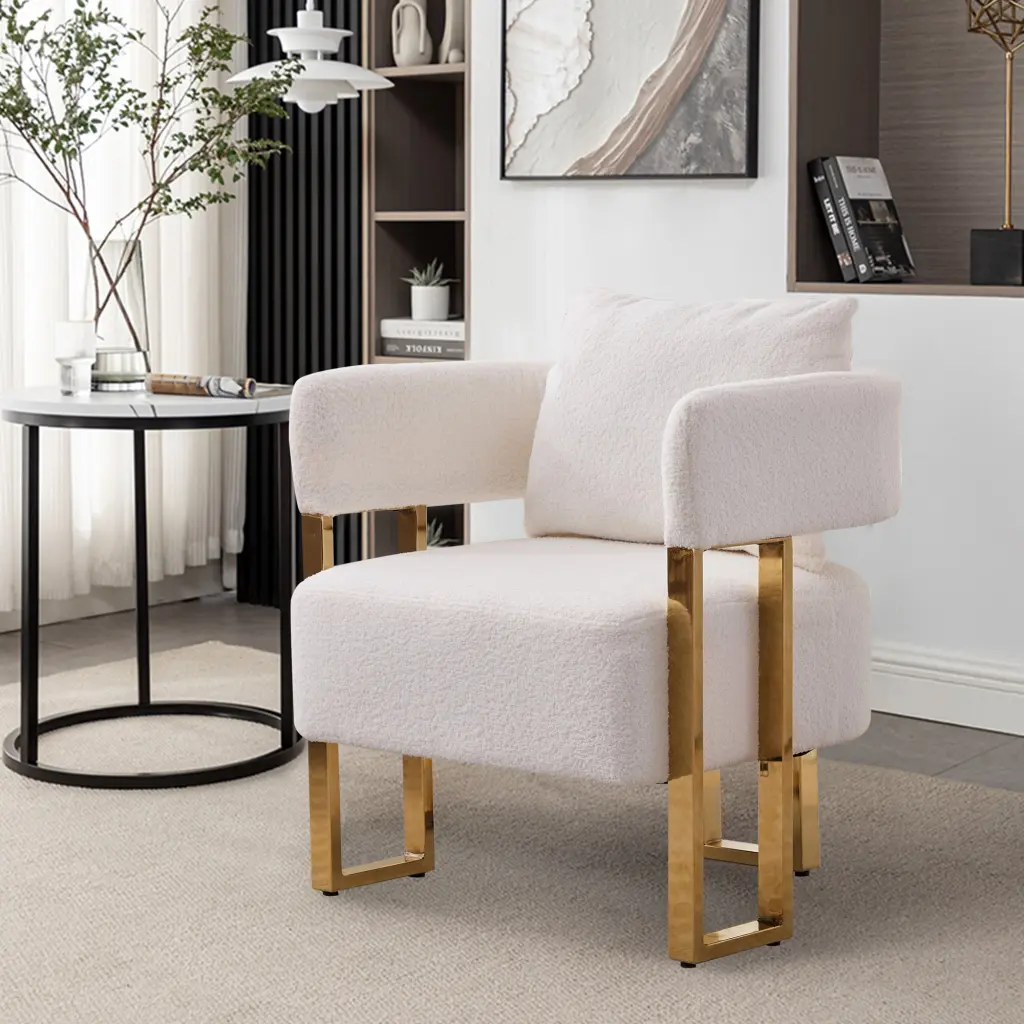 Teddy Velvet Upholstered Metal Foot Sofa White Gold 1 Seat ts furniture