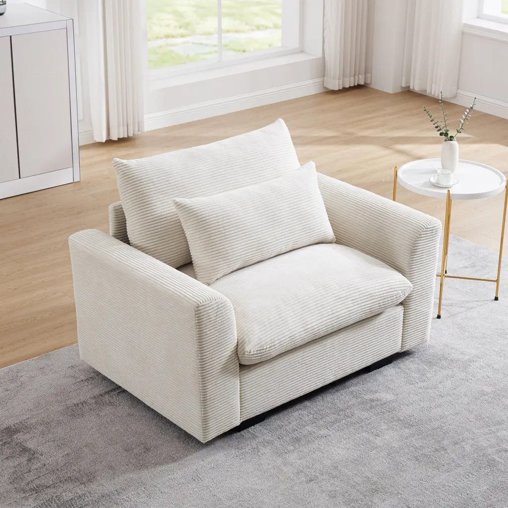 Beige Corduroy Deep Seat Single Sofa Accent Chair Comfortable Cushion ui furniture