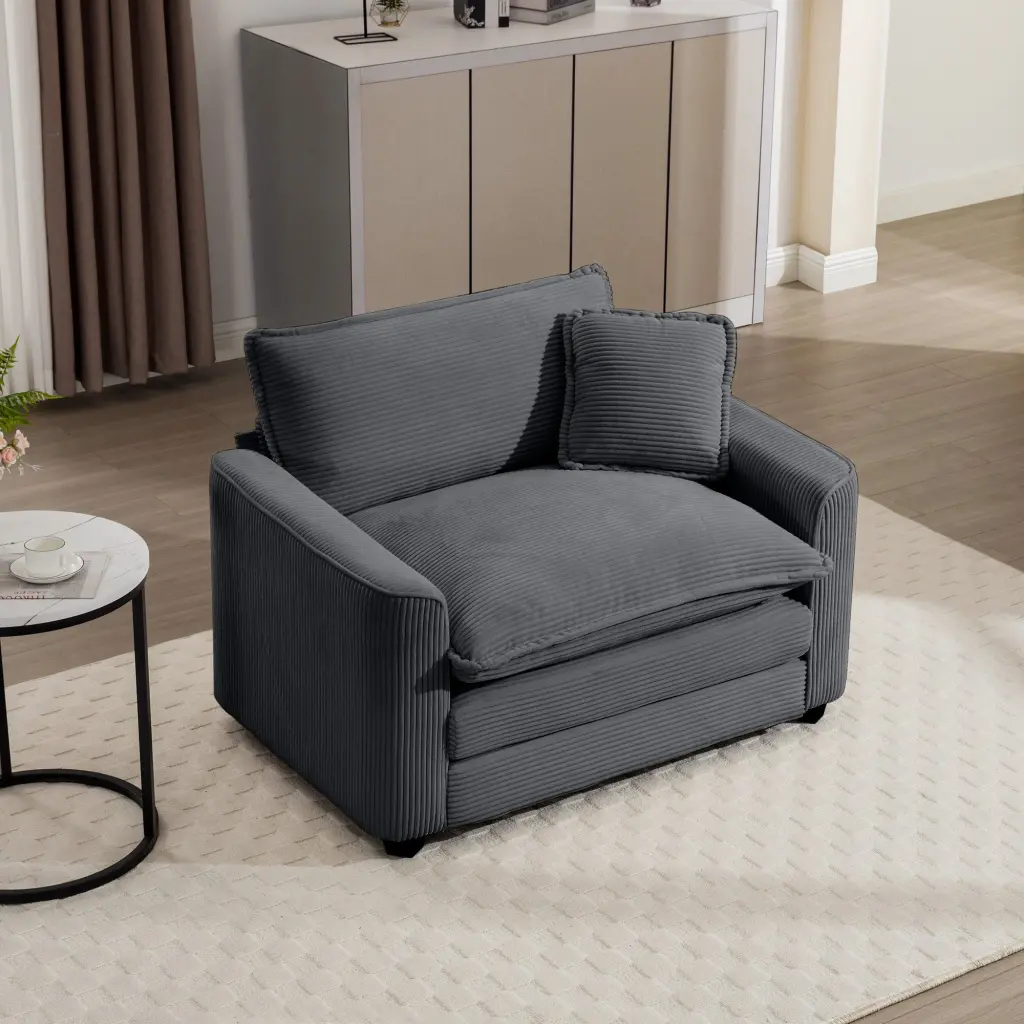 Grey Corduroy Fabric, Cozy Single Chair Deep Seat Sofa One Pillow ui furniture