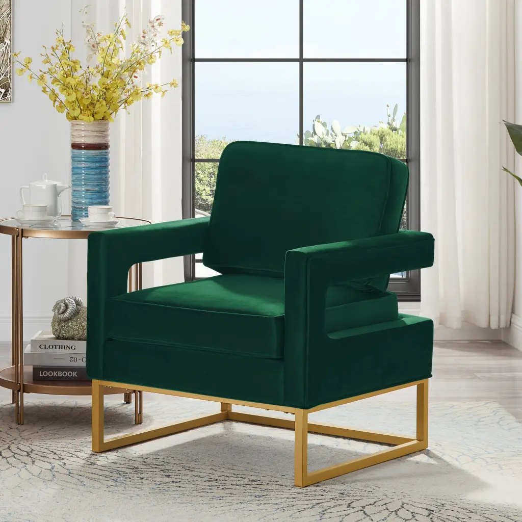 Modern Style Accent Chair Gold Metal Base Velvet Upholstered Leisure Chair wm home furniture