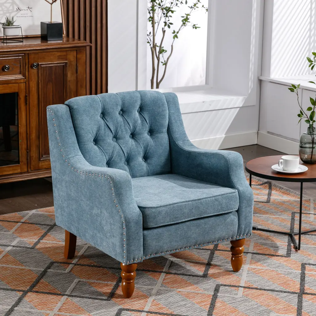 Blue Accent Chair Living Room Chair Footrest Chair Set Vintage Style zen zone