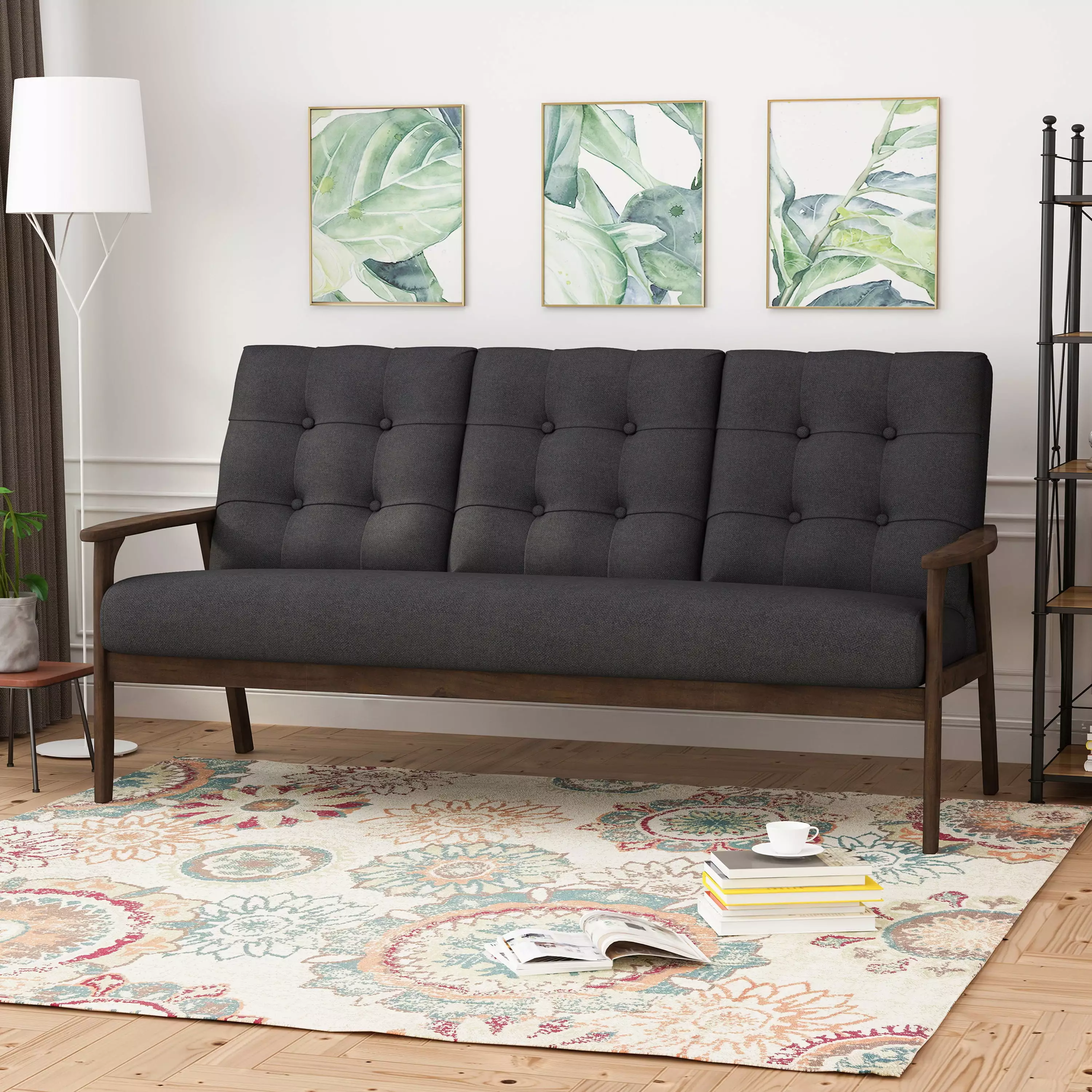 Homiyad Mid Century Waffle Stitch Tufted Accent Sofa Rubberwood Legs