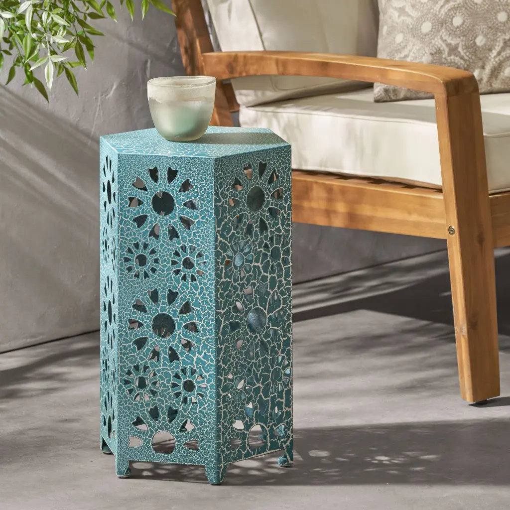 Eliana 12 Inch Side Table Teal Iron Accent Table Living Room Bedroom nh-gardenpara