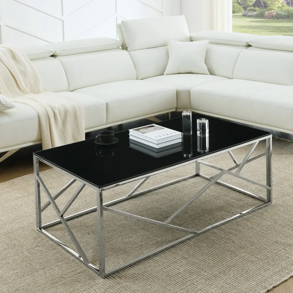Modern Rectangular Coffee Accent Table Black Tempered Glass Top woker furniture