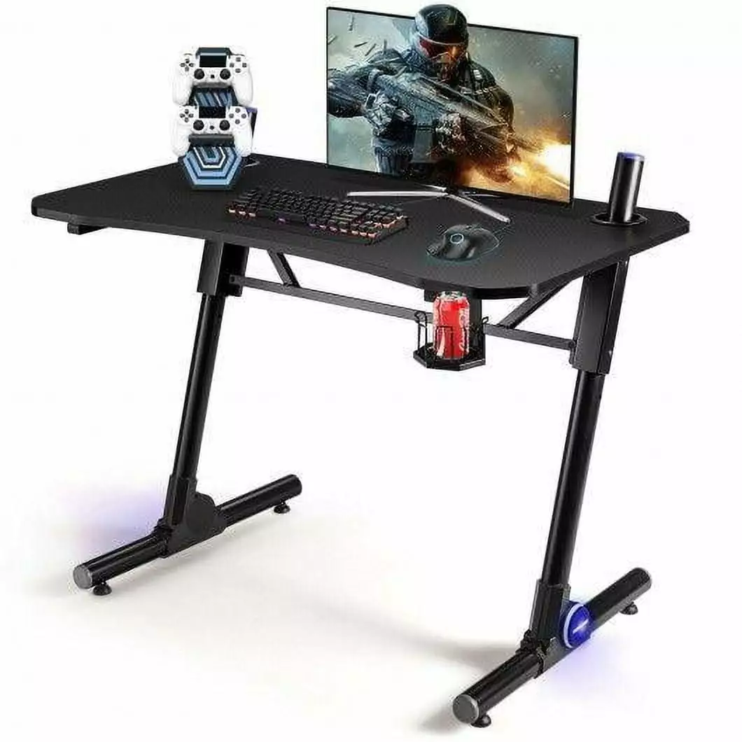 43.5 Inch Height Adjustable Gaming Desk Blue LED Lights Black Boardwalk Ts & Things