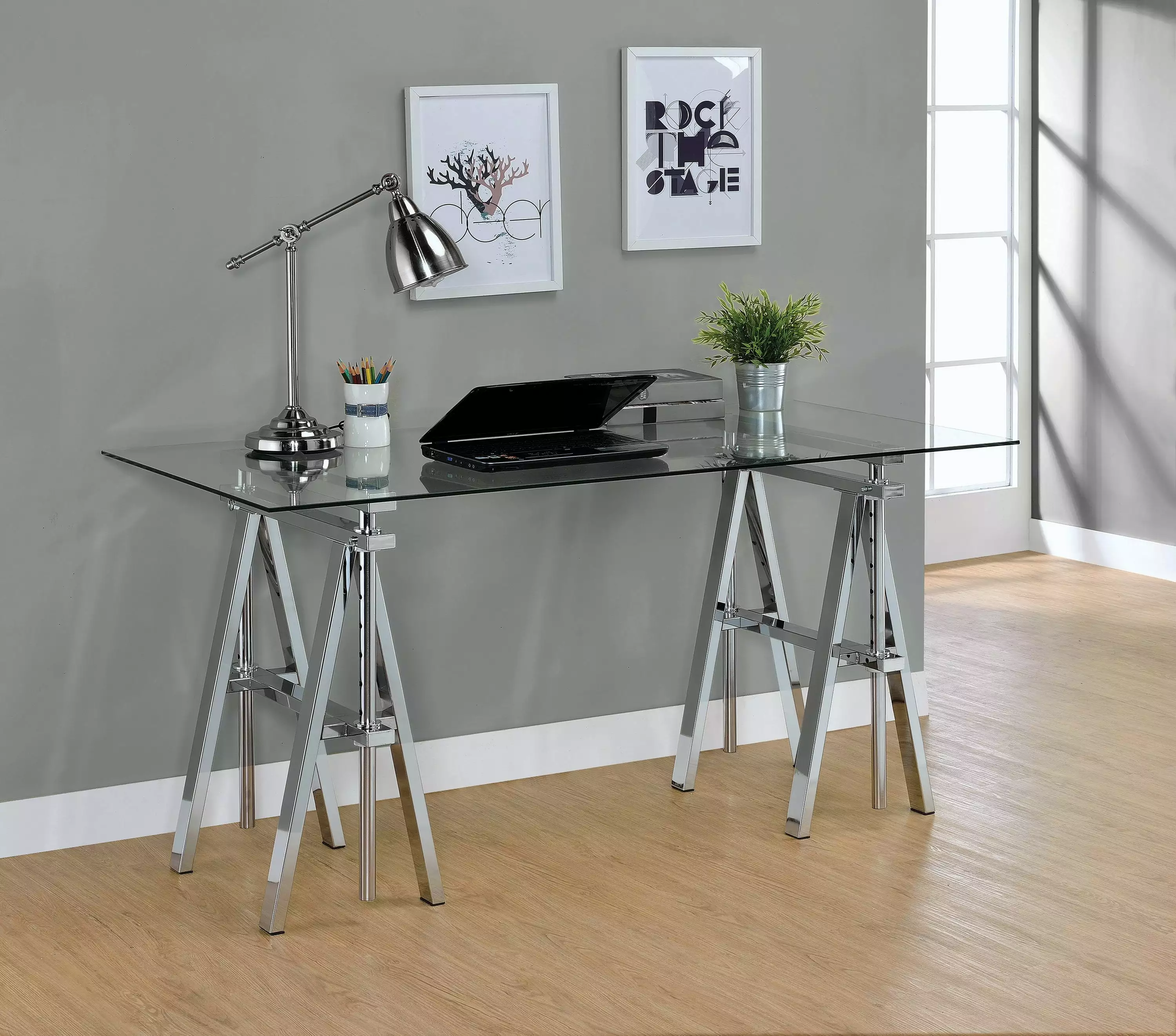 Statham Glass Top Adjustable Writing Desk - Clear and Chrome Modern Office Desk Coaster Company