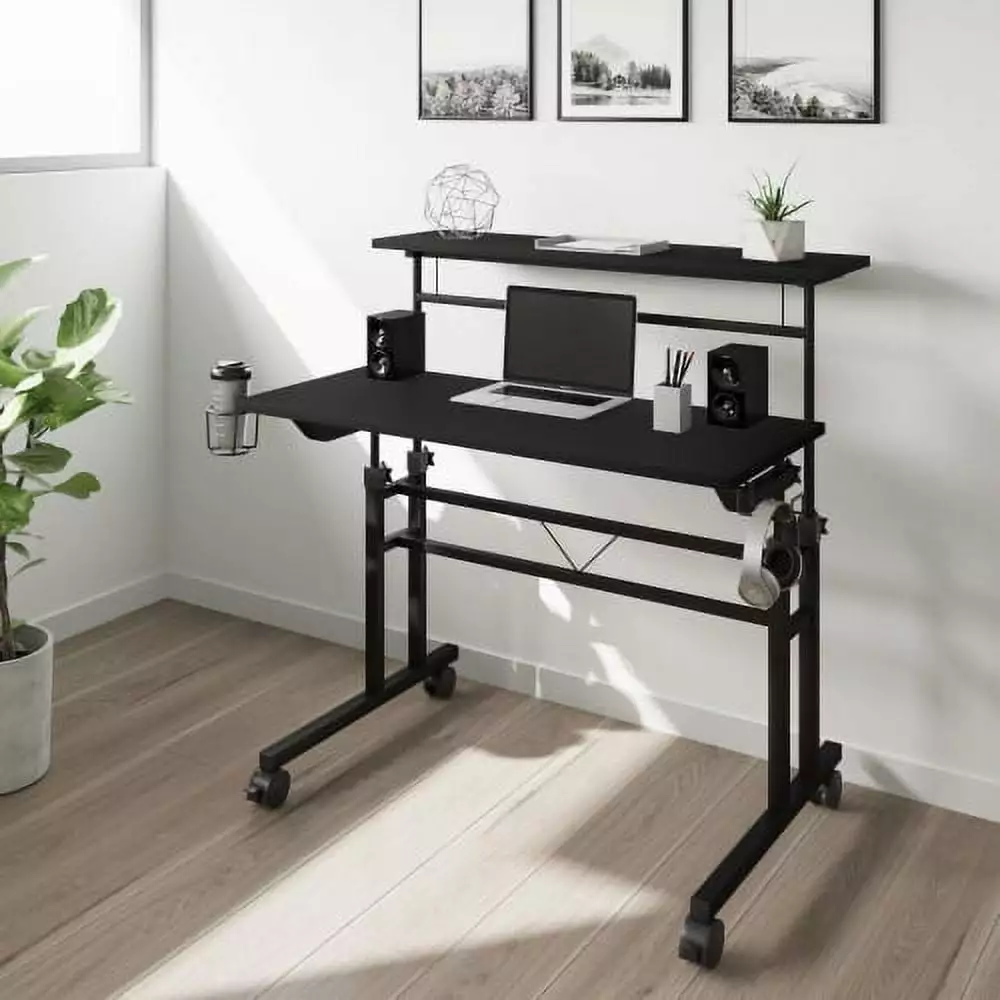 Rolling Writing Desk Height Adjustable Desktop Moveable Shelf Black Home Office INCLAKE