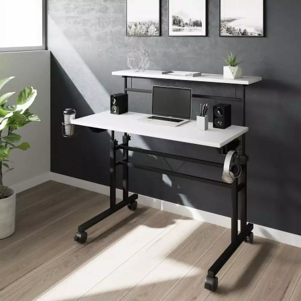 Rolling Writing Desk Height Adjustable Desktop and Moveable Shelf White INCLAKE