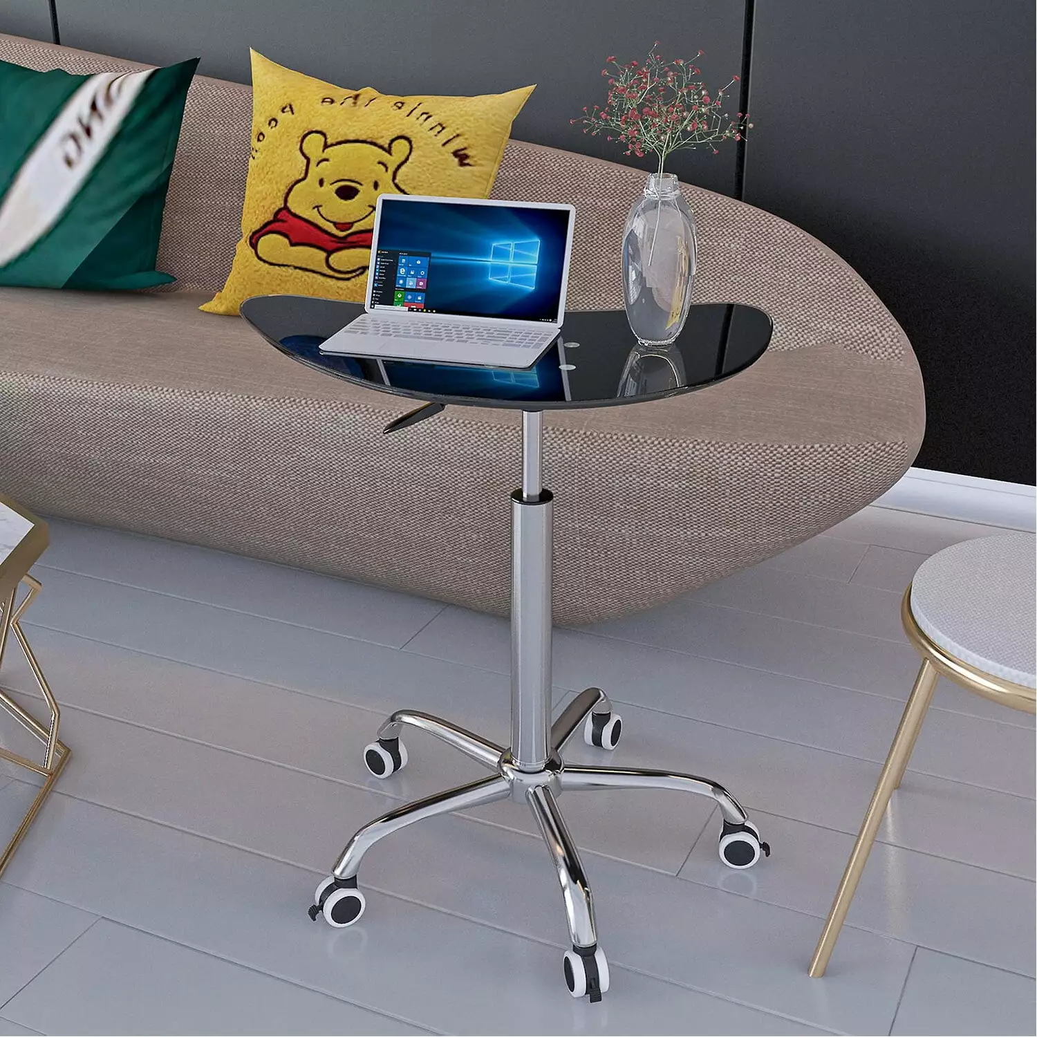 Oufan Adjustable Height Black Tempered Glass Desk Table Lockable Wheels 24.2 to 32.7 Inches