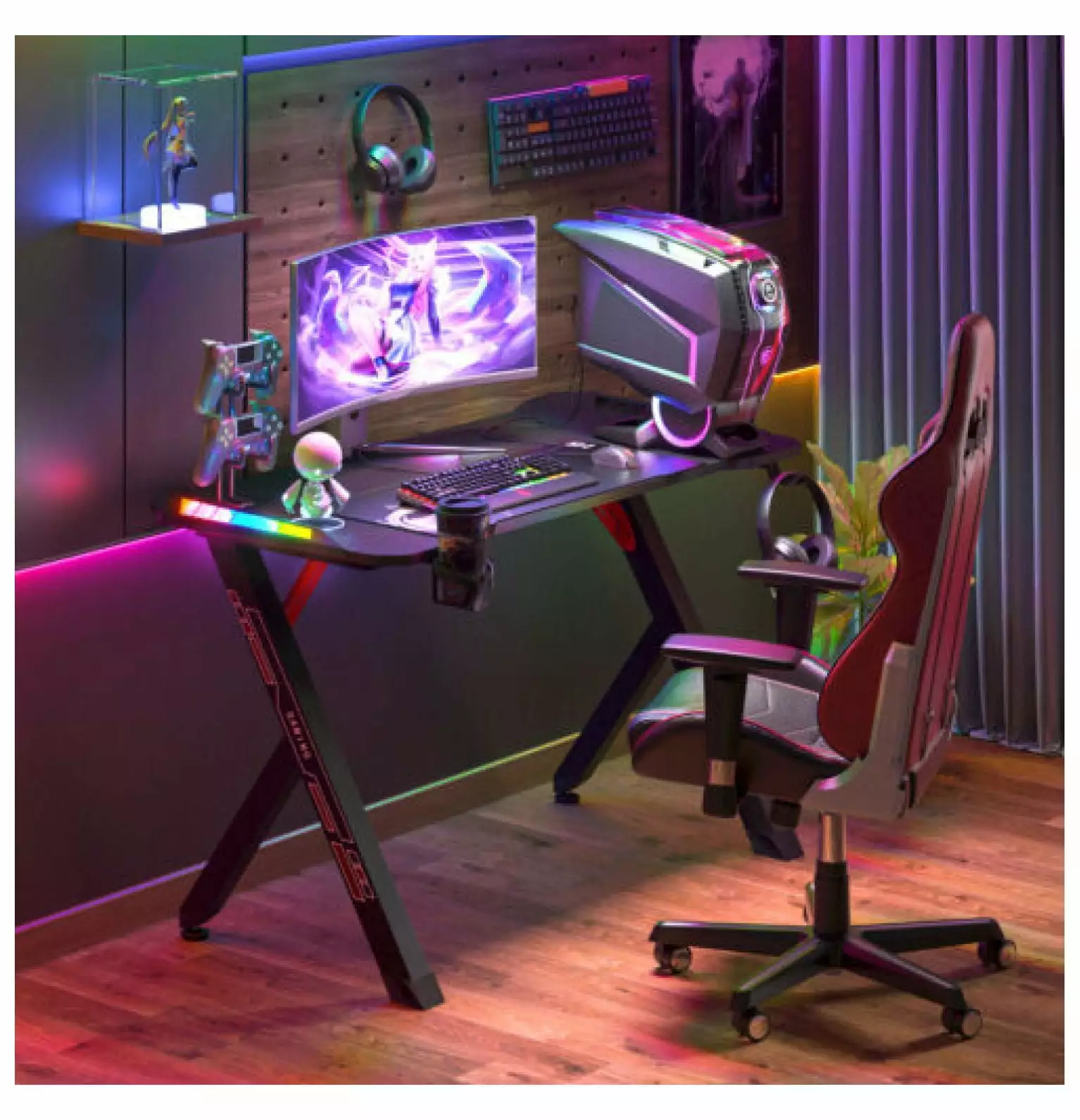 Rongfun 47.2 Inch Height Adjustable Gaming Desk RGB LED Lights