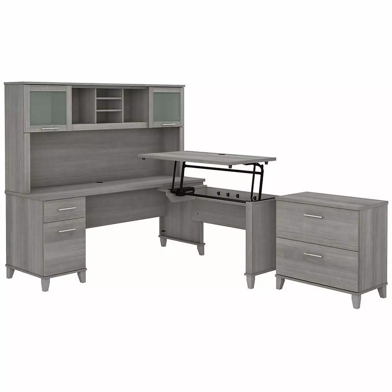 UrbanPro Sit-Stand L Desk Hutch and File Cabinet Gray Engineered Wood