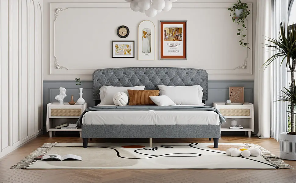 King Size Adjustable Headboard Fine Linen Upholstery And Button Tufted Design sarkozy