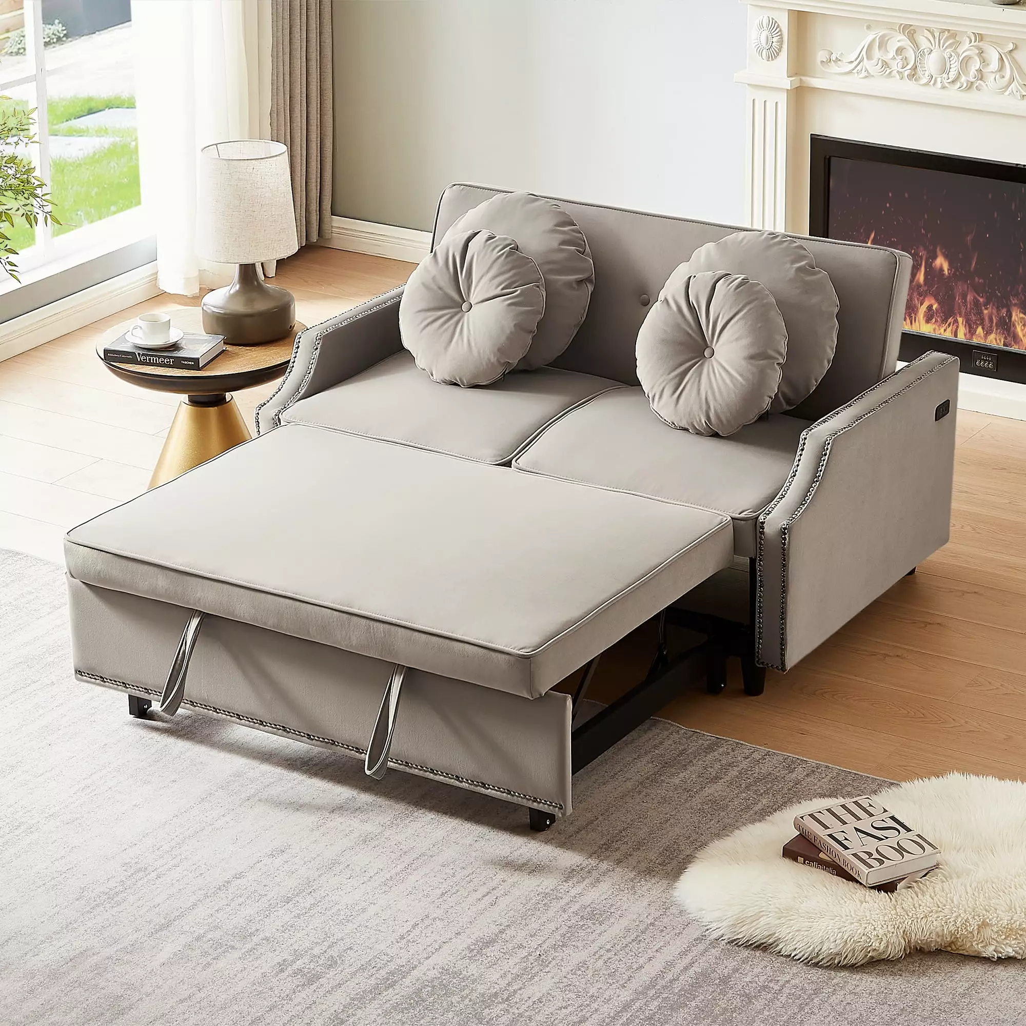 54.7 Multiple Adjustable Positions Sofa Bed Button Tufted Backrest and USB Ports CNCJ