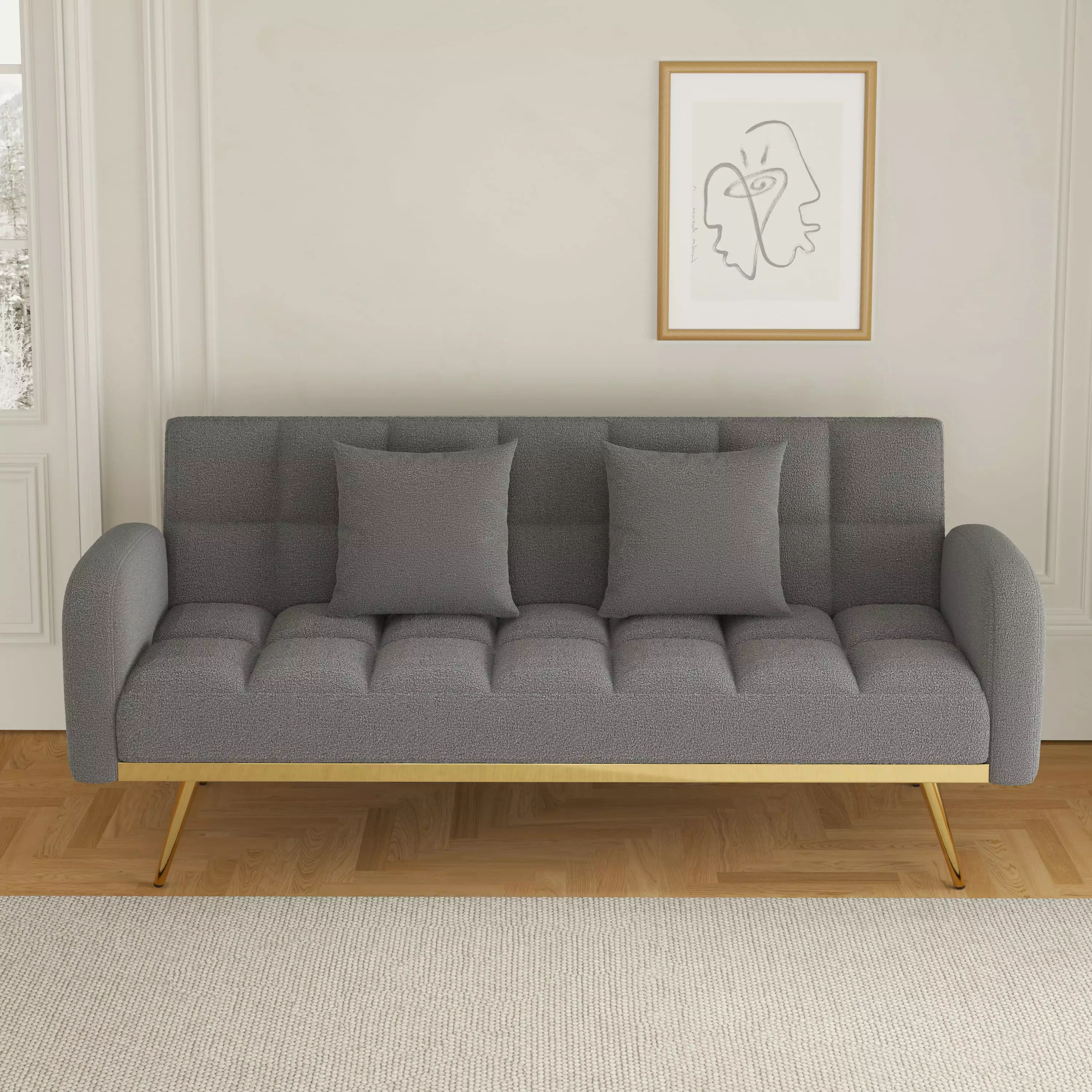 69-Inch Grey Sofa Bed Adjustable Sofa Teddy Fleece 2 Throw Pillows CNCJ