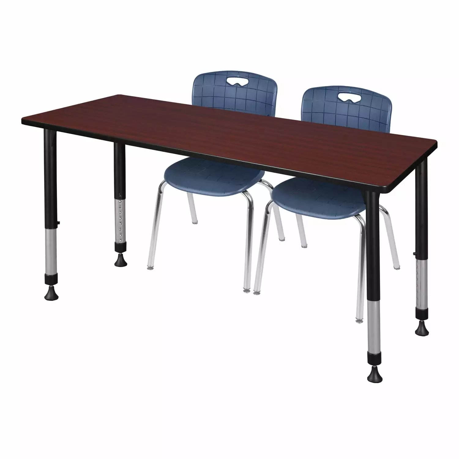 Regency 66 x 30 . Kee Height Adjustable Classroom Table Mahogany 2 Andy 18 . Stack Chairs - Navy Blue