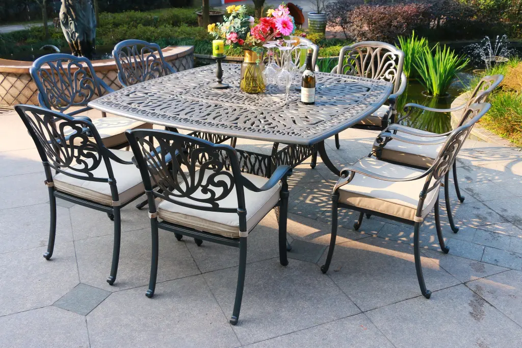 Square 8 Person 64 Inch Long Aluminum Dining Set Sunbrella Cushions Outdoor Patio Furniture gathercraft
