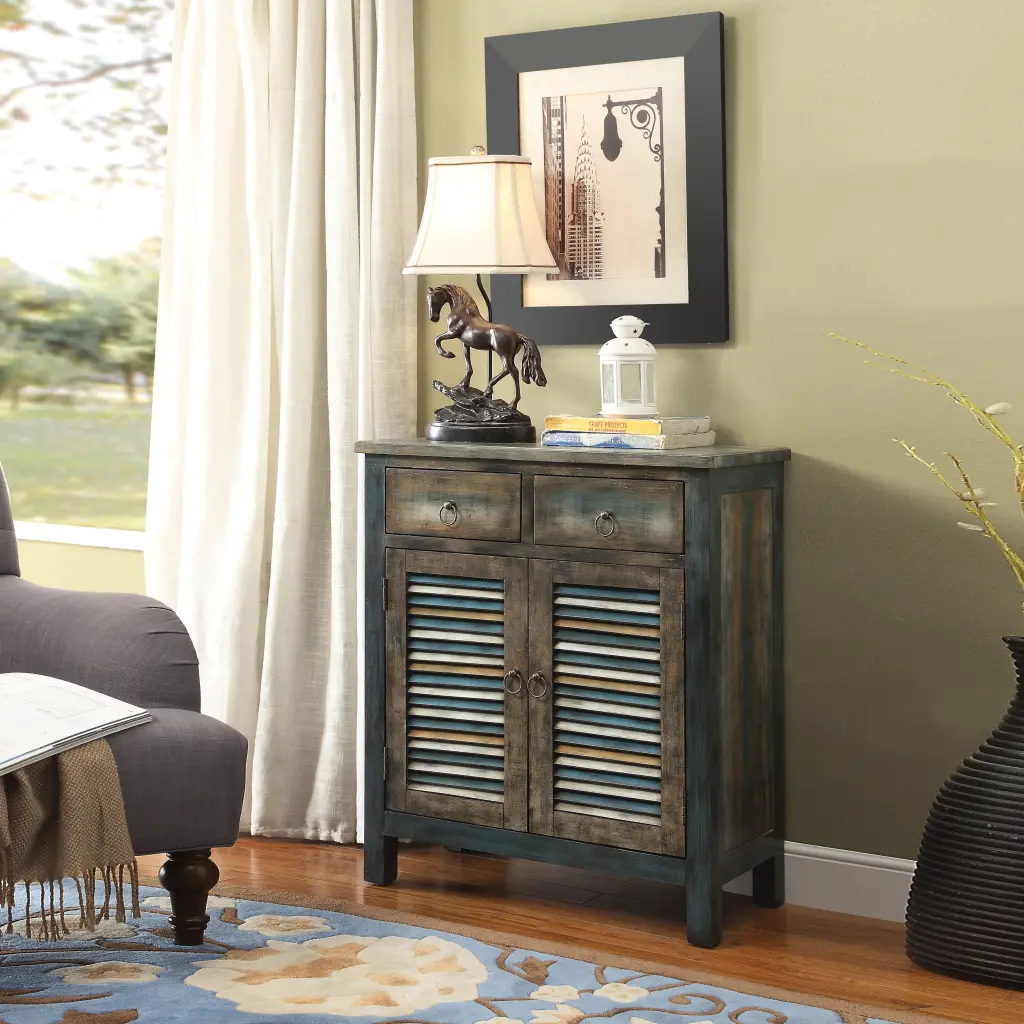 Antique Oak And Teal 2 Door Console Table Primary Living Space Vintage furniture max