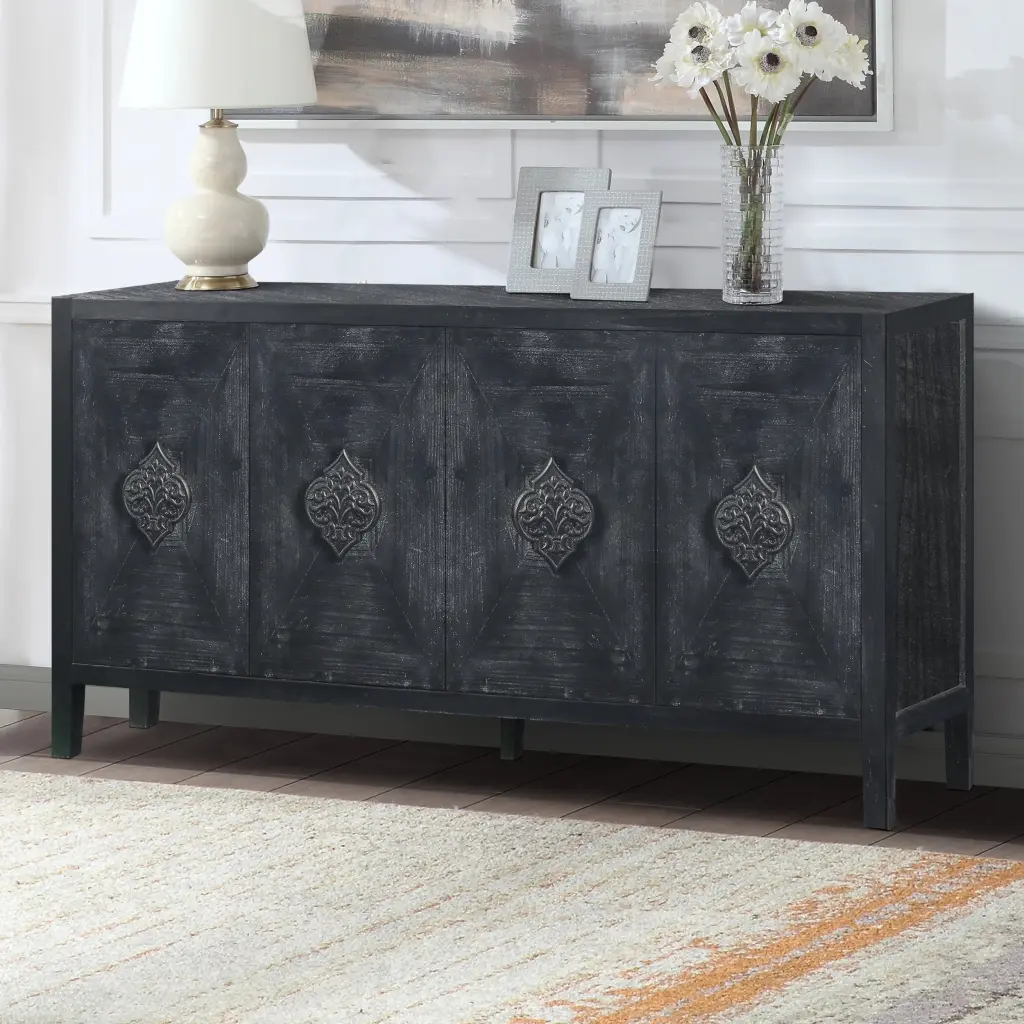 Antique Four Door Cabinet Carved Flower Handles Living Room Storage rnb